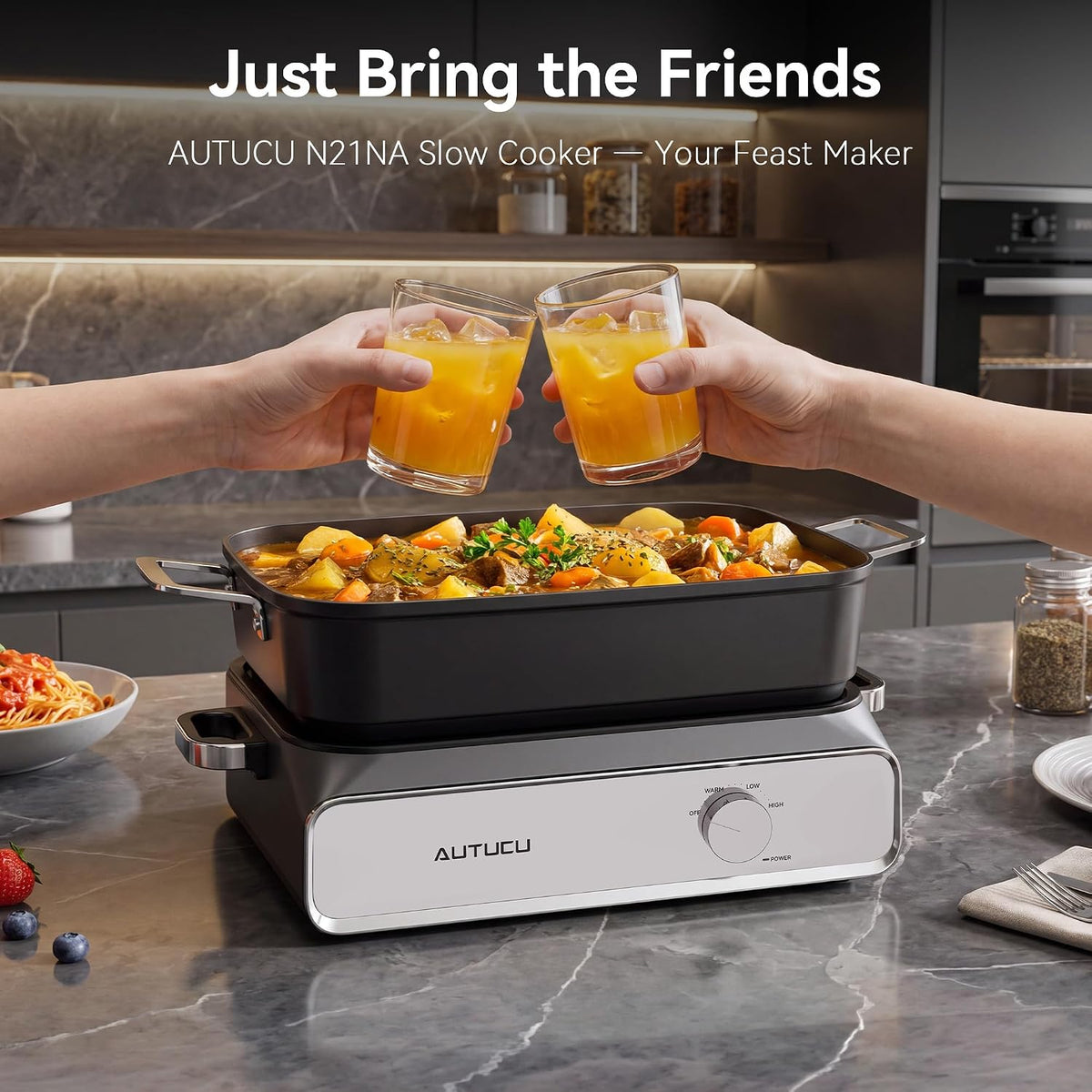 Slow Cooker 10-Quart - PFOA-Free Ceramic Coating, Oven Safe to 450°F | Keep Warm Function for Large Family Gatherings (Includes Silicone Spoon)