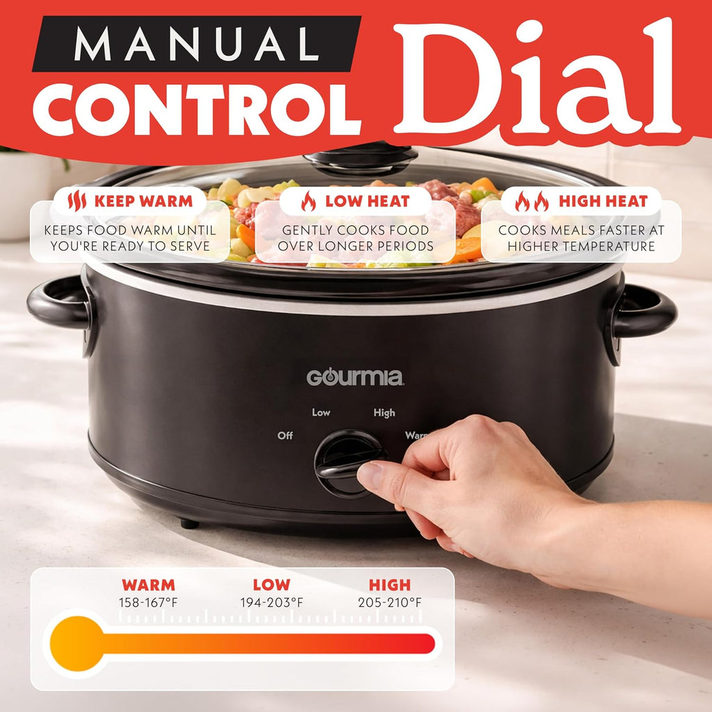 Gourmia Slow Cooker – 6 Quart, Manual Controls, Removable Stoneware, Black