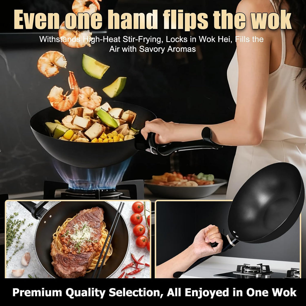 Carbon Steel Wok Pan, Non-stick sauté pan Nitriding Process,13 Inch Woks & Stir-fry Pans Nonstick with Ergonomic Handle, Cookware, Pots and Pans,Versatile Bottom Chinese Woks for All Stoves