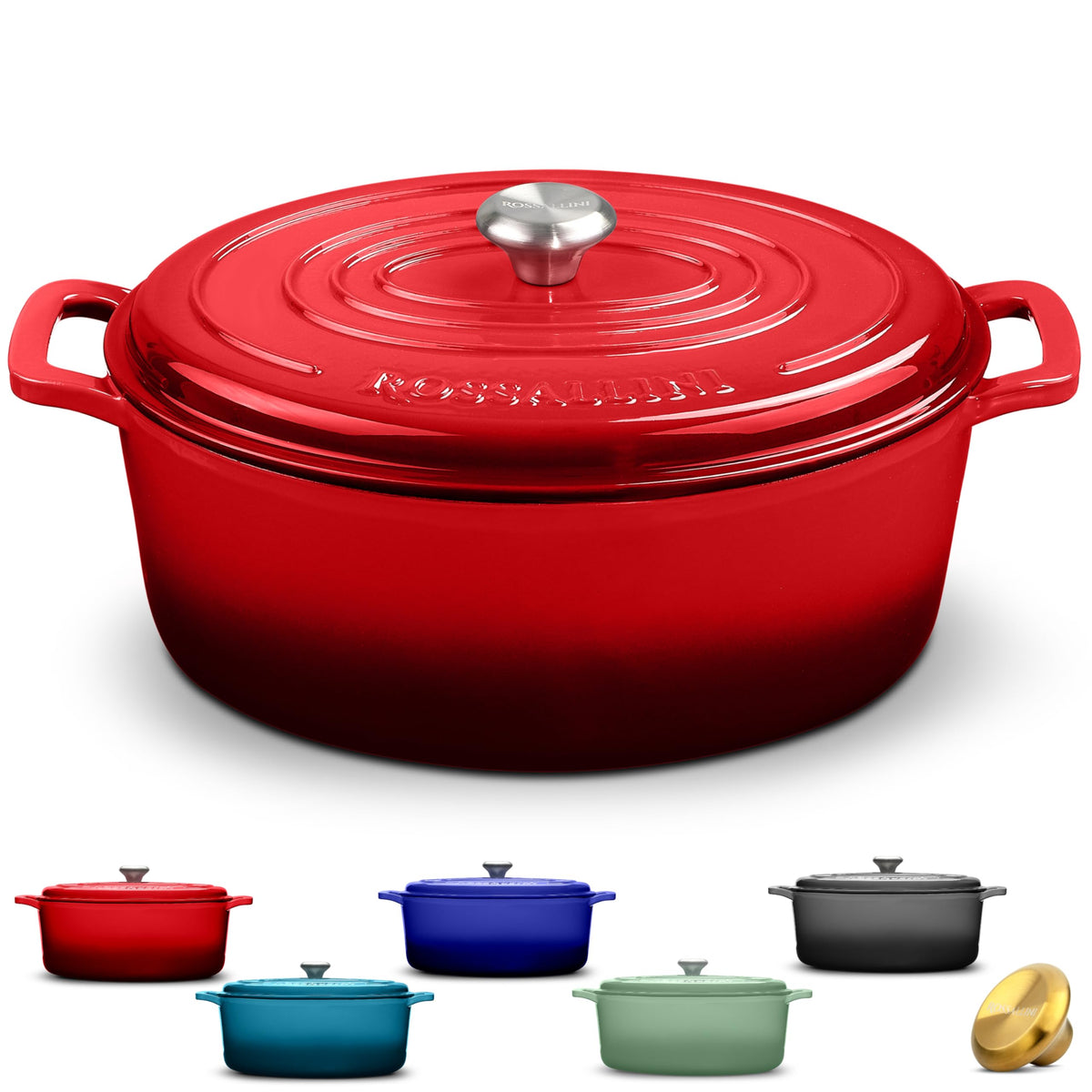 Rossallini Enameled Cast Iron Oval Dutch Oven Pot with Lid, 5 Quart, Sage