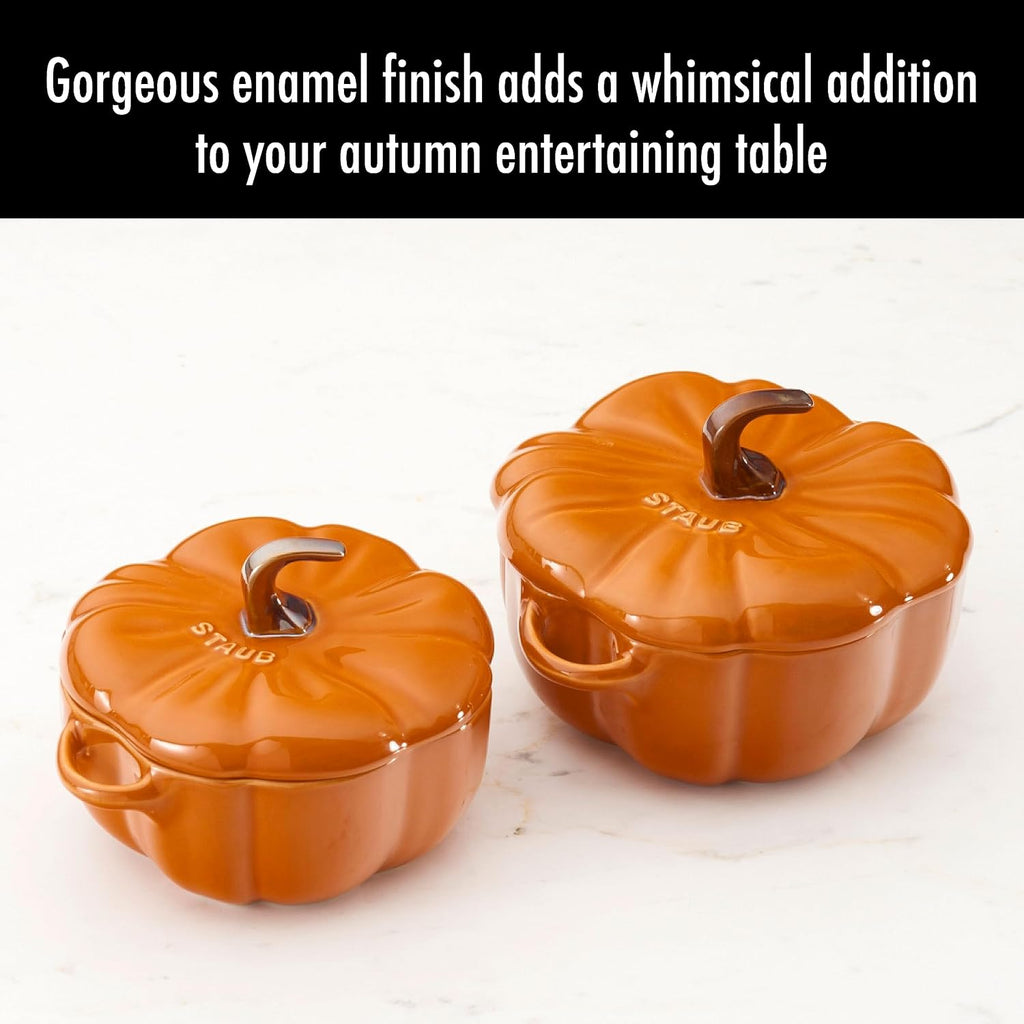 STAUB Ceramic 0.75-qt Petite Pumpkin, Oven & Stove Safe up to 572°F, Pumpkin Dish, Baking Candy Burnt Orange