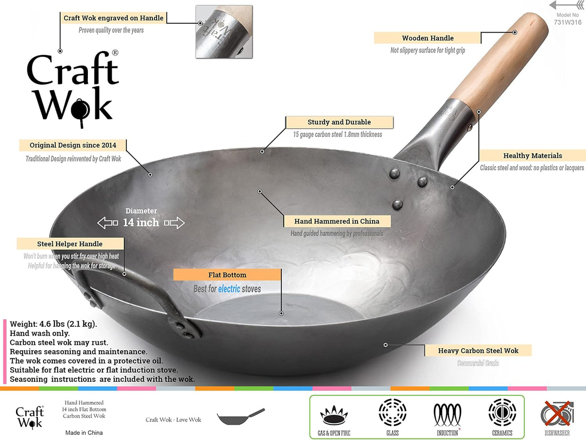Craft Wok Flat Hand Hammered Carbon Steel Pow Wok with Wooden and Steel Helper Handle (14 Inch, Flat Bottom) / 731W316