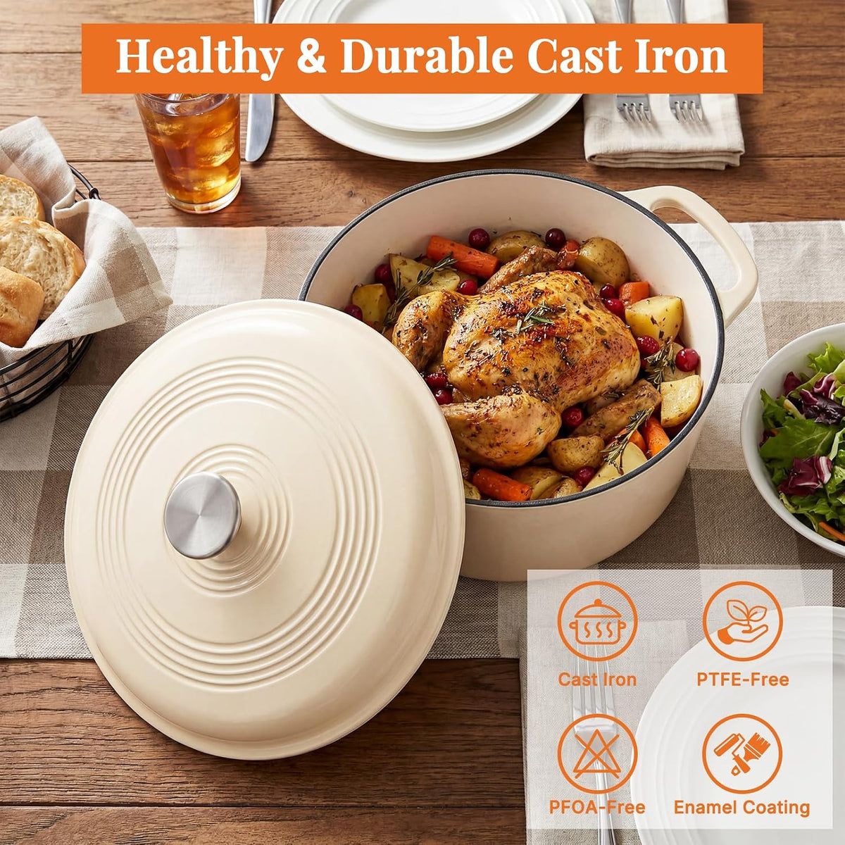 NEWBULIG 6 Quart Cast Iron Dutch Oven, Enamel Dutch Oven Pot with Lid Beige