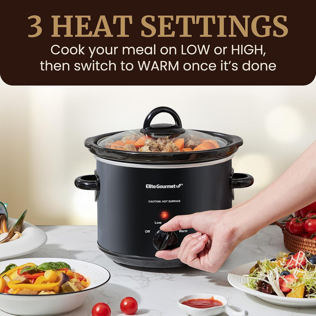 Elite Gourmet MST-350B Electric Slow Cooker, Adjustable Temp, Entrees, Sauces, Stews & Dips, Dishwasher Safe Glass Lid & Crock (3 Quart, Black)