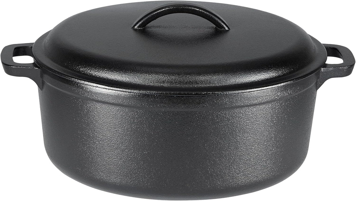 Amazon Basics Pre-Seasoned Cast Iron Mini Dutch Oven Pot with Lid and Dual Handles, Oven Safe, 2-Quart, Round, Black