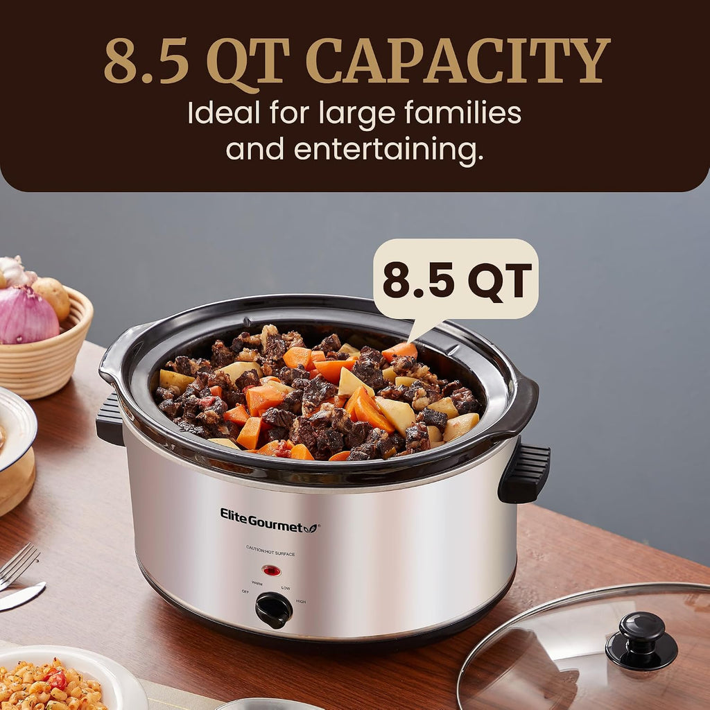 Elite Gourmet Stainless Steel Slow Cooker, Dishwasher-Safe with Tempered Glass Lid, Cool-Touch Handles, Removable Stoneware Pot, 8.5 Quart,MST-900V
