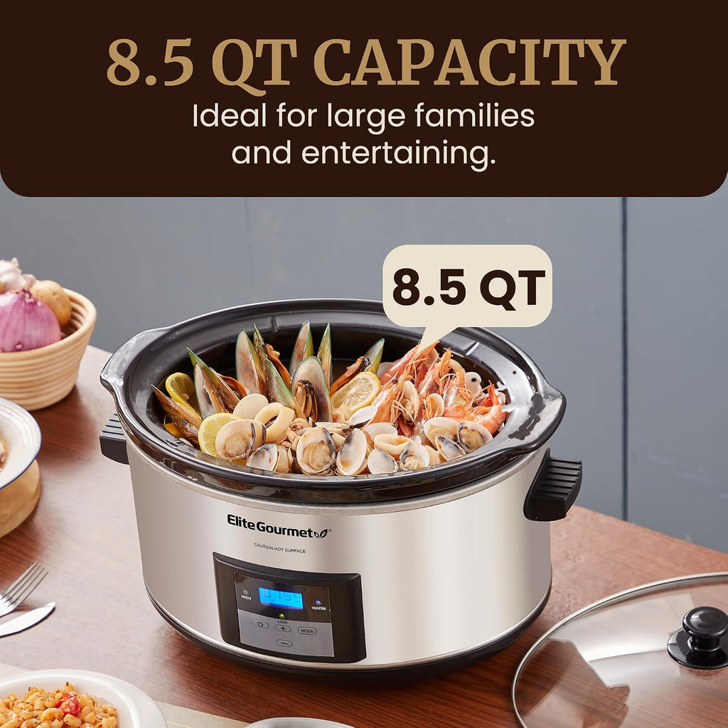 Elite Gourmet MST-900D Digital Slow Cooker, 8.5 Qt, Stainless Steel