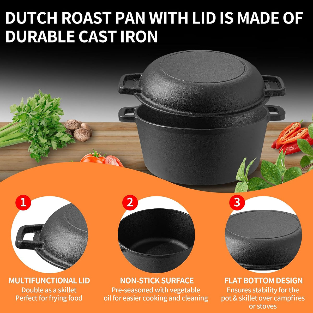 Vivicreate 5 QT Cast Iron Dutch Oven 2 in 1 Pre Seasoned with Skillet Lid Oven Safe Campfire Baking Sourdough Bread Camping Cookware Ollas de Hierro Fundido Para Cocinar Olla de Cocina Grande