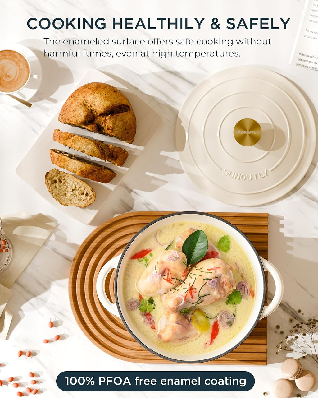 Enameled Cast Iron Dutch Oven, 6QT Pot with Lid, Cream White
