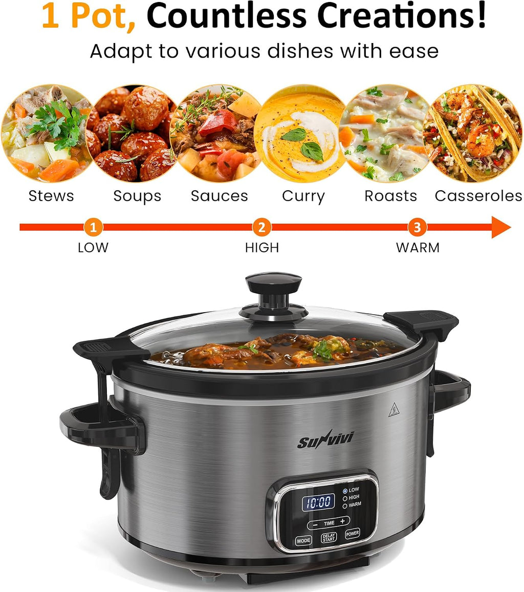 Sunvivi 4QT Slow Cooker, Programmable Pot with Locking Lid, Removable Ceramic Pot, 3 Heating Settings & Time Control,Dishwasher-safe Lid, Grey
