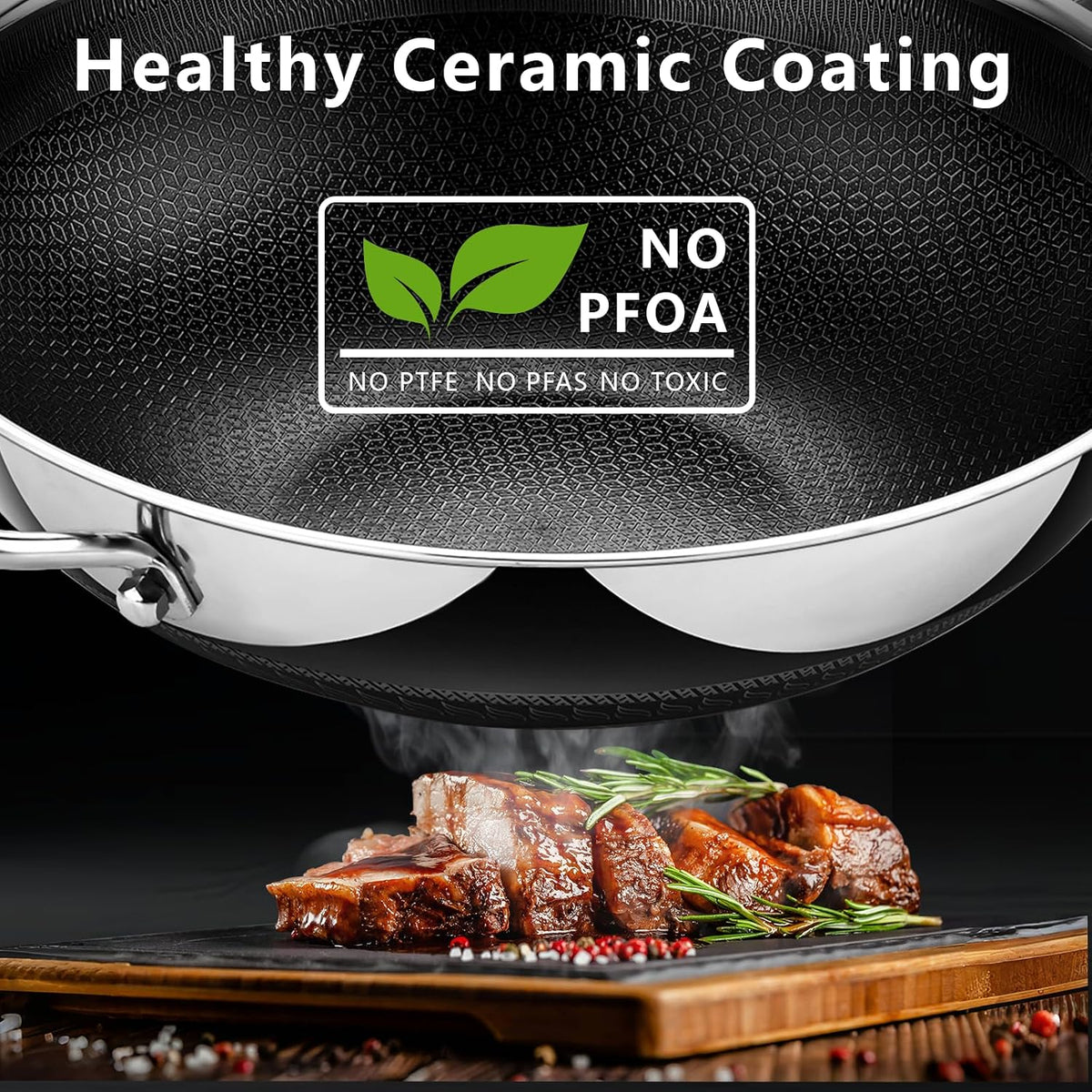 SAKAMOSH Hybrid 12inch Wok with Lid, Stainless Steel Woks & Stir-Fry Pans Nonstick, Non Toxic, PFAS PFOA PTFE Free, Dishwasher and Oven Safe, Works on Induction