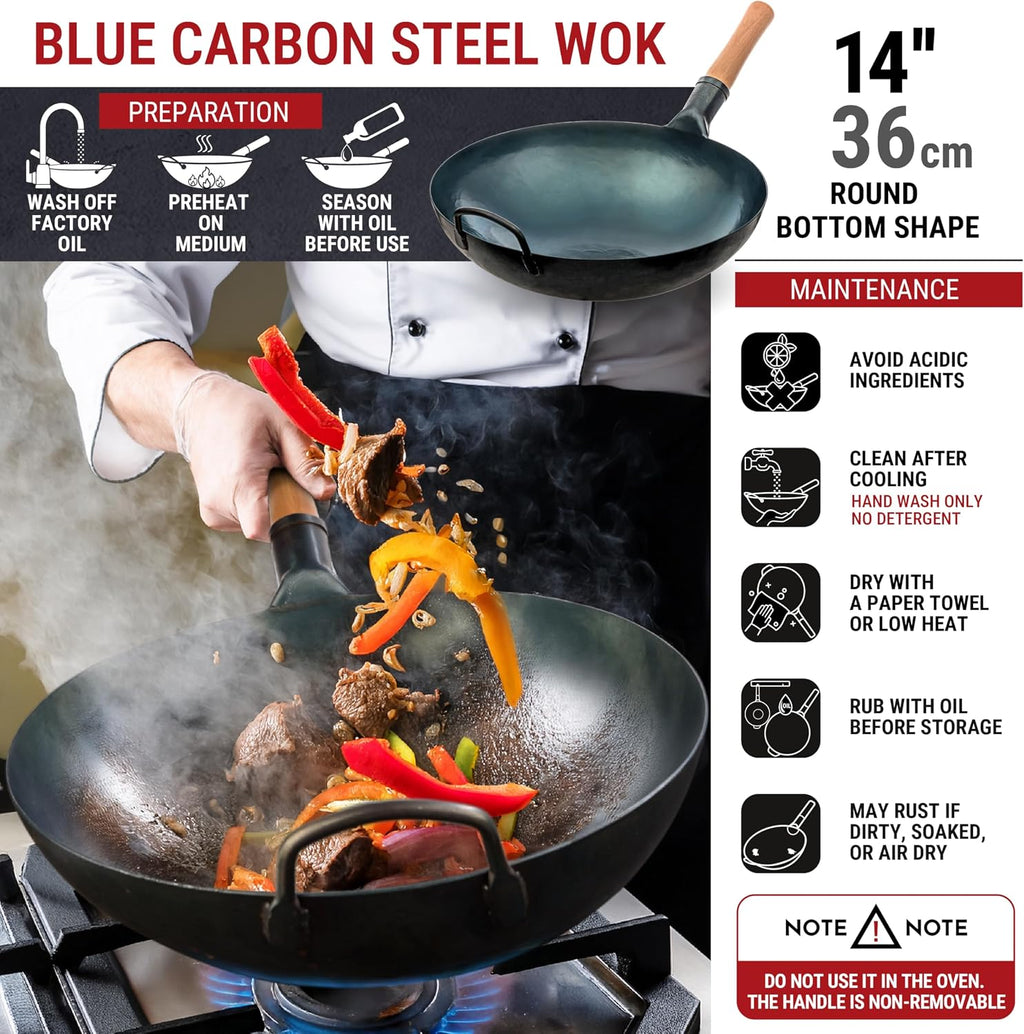 YOSUKATA 14” Blue Carbon Steel Wok with Round Bottom