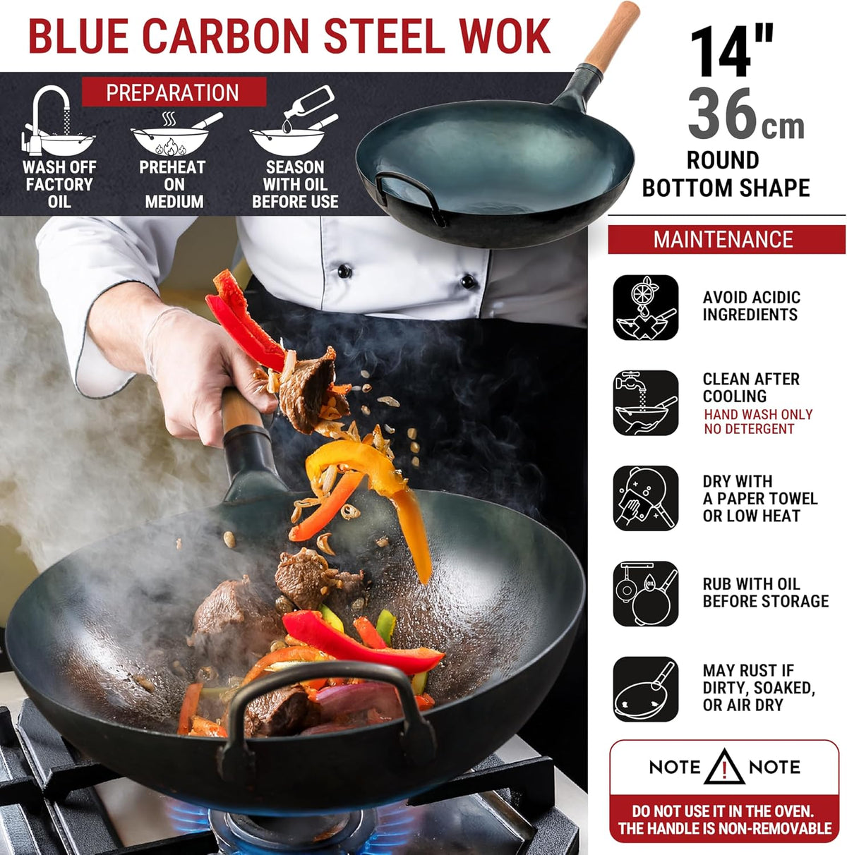 YOSUKATA 14” Blue Carbon Steel Wok with Round Bottom