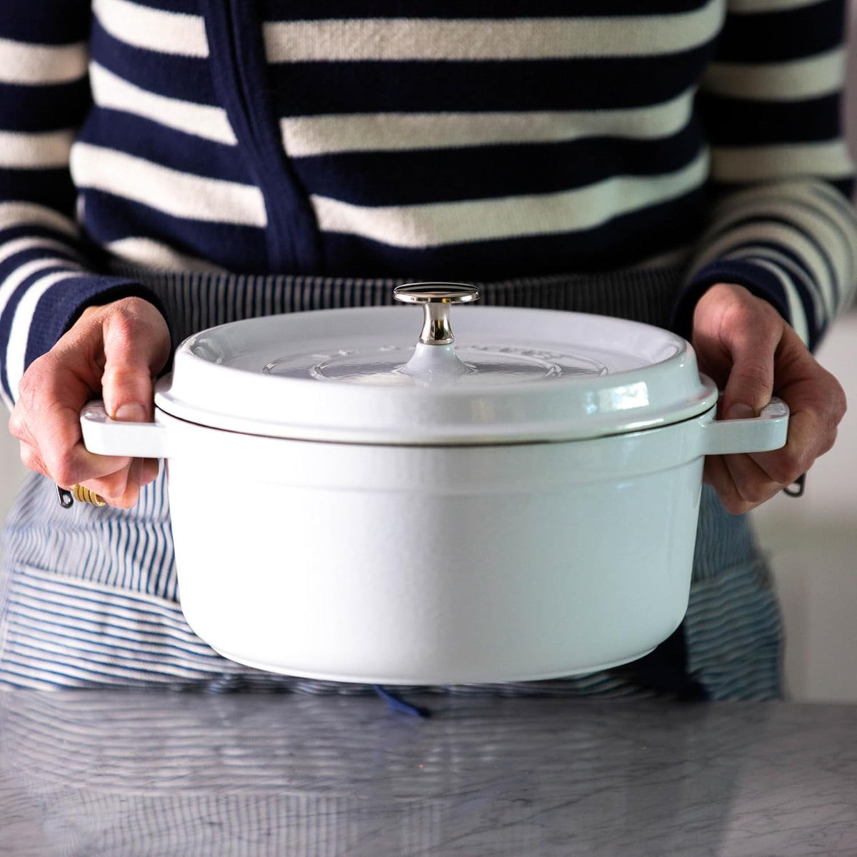STAUB Cast Iron Dutch Oven 4-qt Round Cocotte, Made in France, Serves 3-4, White