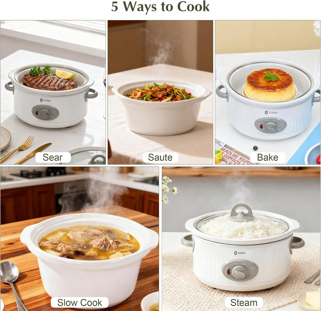 3.5 Quart Slow Cooker with 3 Heat Settings, Non-Stick and Dishwasher Safe, Removable Ceramic Pot Tempered Glass Lid, Cool Touch Handles for Entrees, Soups, Stews, Ivory White