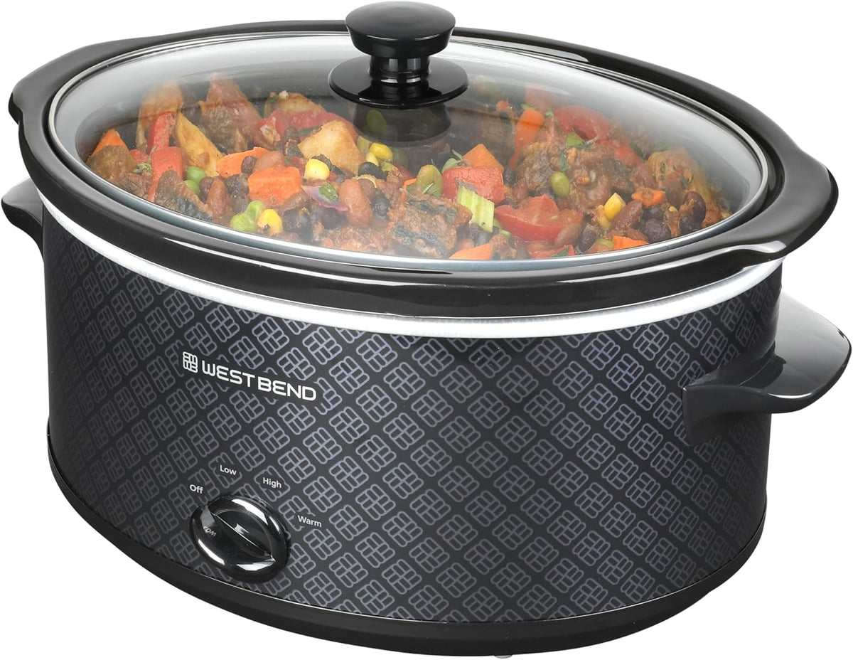 West Bend Slow Cooker 6-Quart Manual Crockery Style with Dishwasher Safe Oval Ceramic Crockpot and Glass Lid Two Temperature Settings Plus Keep Warm, 330-Watts, Black