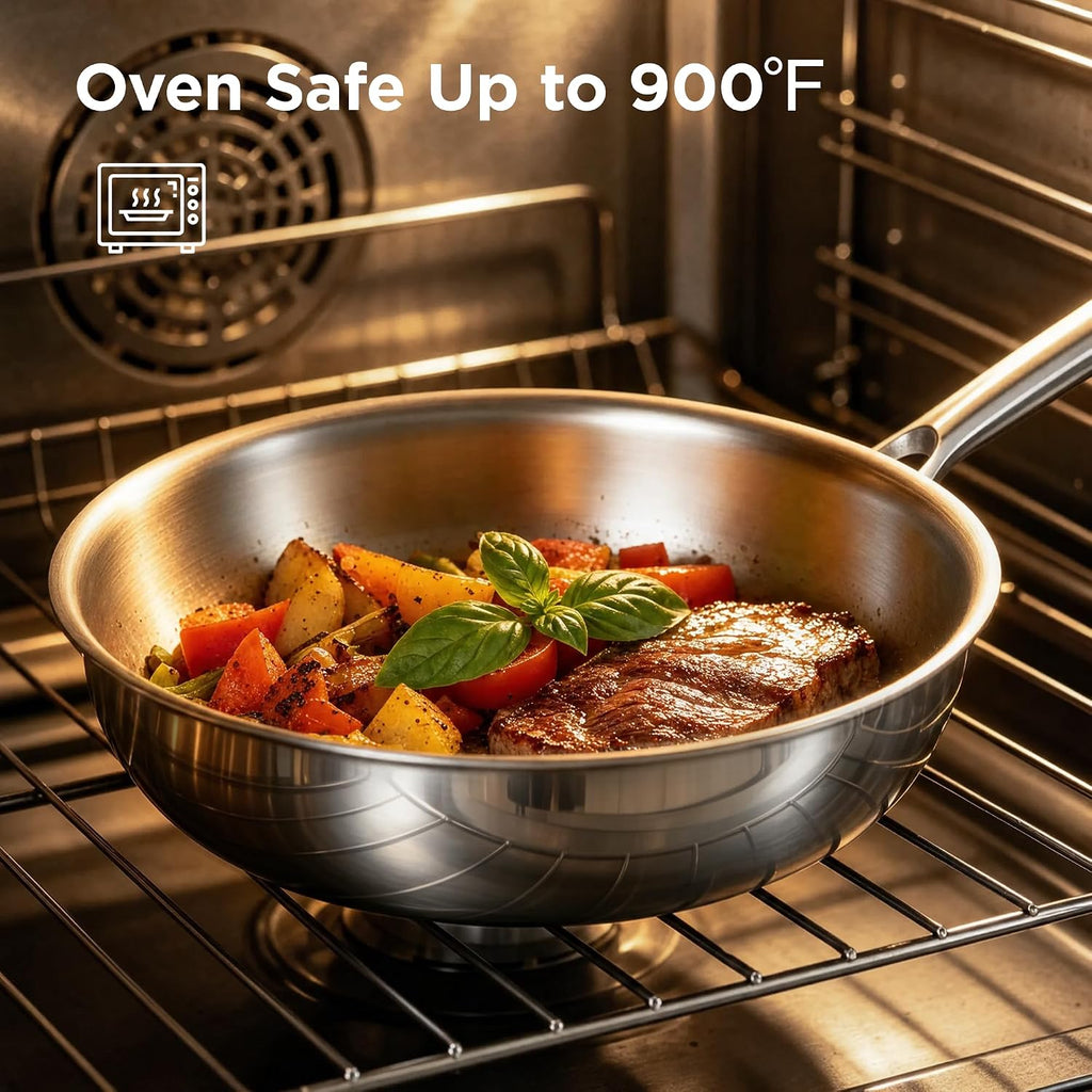 COOKER KING 10" Wok Pan with Lid, Stainless Steel Deep Skillet for Stir-Fry