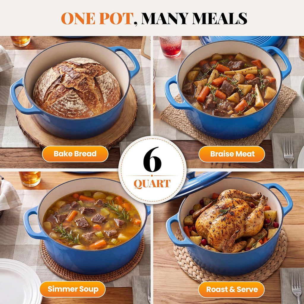 Sweetcrispy 6 Qt Enameled Cast Iron Dutch Oven Pot with Lid, Blue
