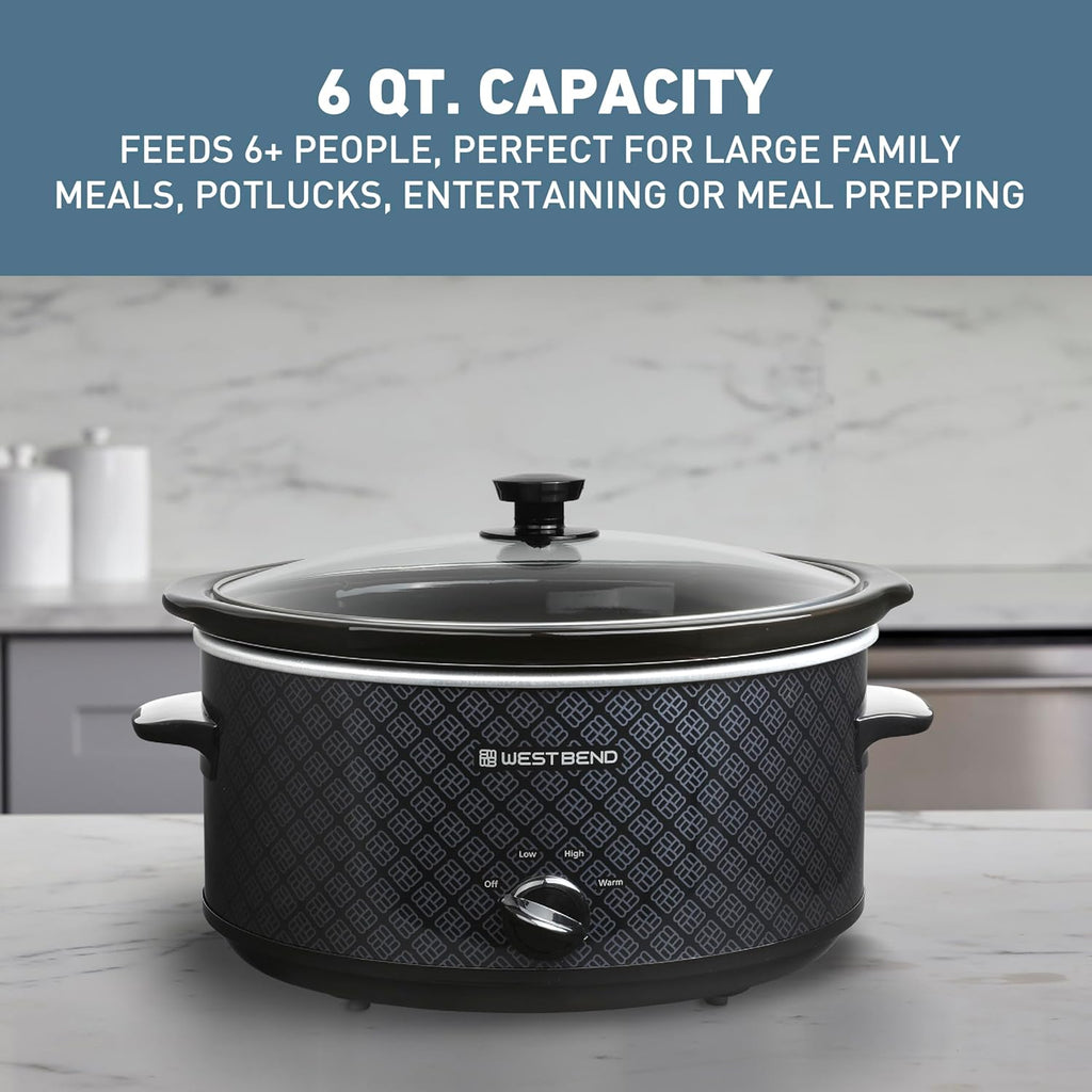 West Bend Slow Cooker 6-Quart Manual Crockery Style with Dishwasher Safe Oval Ceramic Crockpot and Glass Lid Two Temperature Settings Plus Keep Warm, 330-Watts, Black