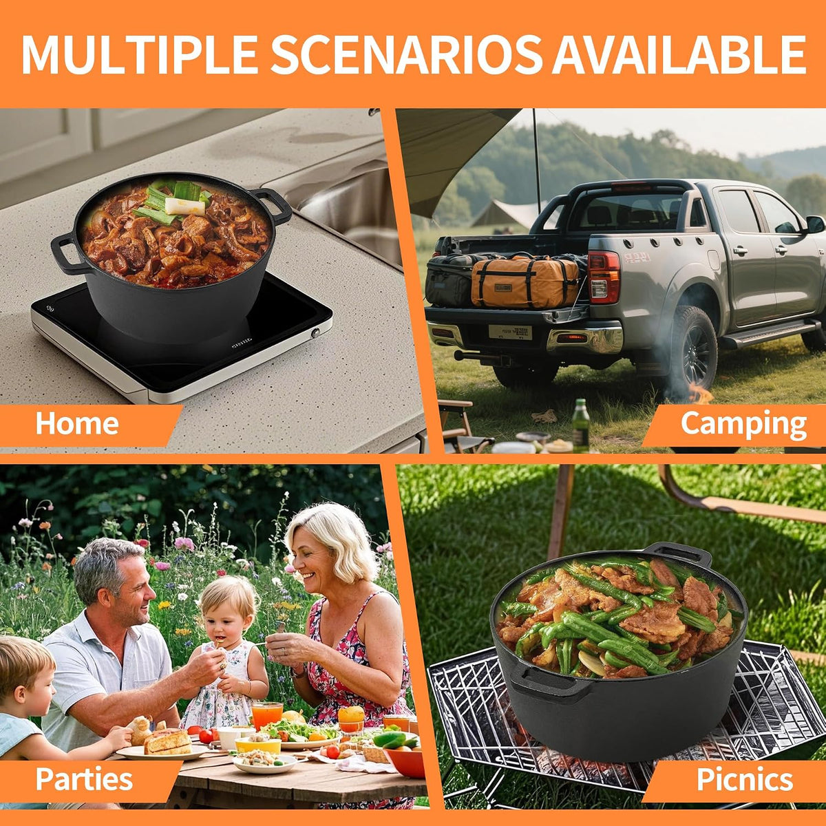 Vivicreate 5 QT Cast Iron Dutch Oven 2 in 1 Pre Seasoned with Skillet Lid Oven Safe Campfire Baking Sourdough Bread Camping Cookware Ollas de Hierro Fundido Para Cocinar Olla de Cocina Grande