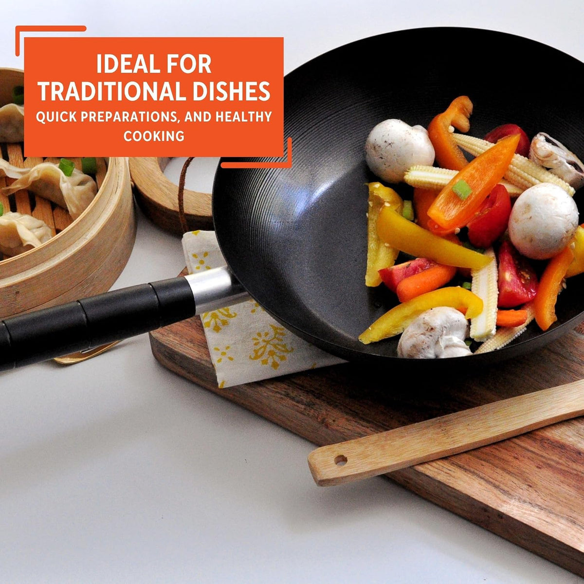 IMUSA 9.5 Inch Carbon Steel Nonstick Wok with Cool-touch Handle, Black