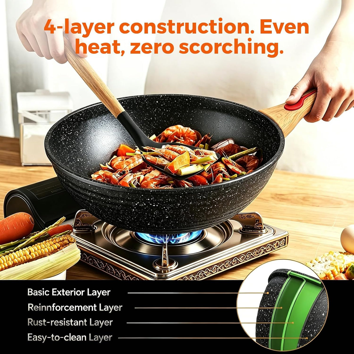 ITSMILLERS Nonstick Wok Aluminium Die-casting Chinese Wok, Scratch Resistant With Lid, PFOA-Free, Dishwasher Safe & Induction Bottom,11.8 Inch,5QT,Large Capacity