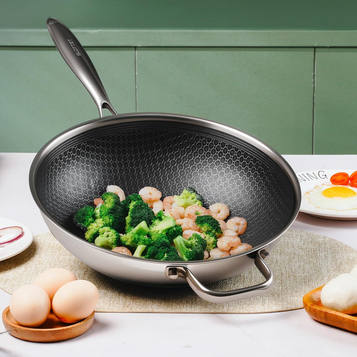 SLOTTET Hybrid 12-Inch Wok with Steamer,Nonstick Stainless Steel Woks & Stir-fry pans with Lid,Stay-Cool Handle,PFOA Free Cookware,Dishwasher and Oven Safe, Works on Induction