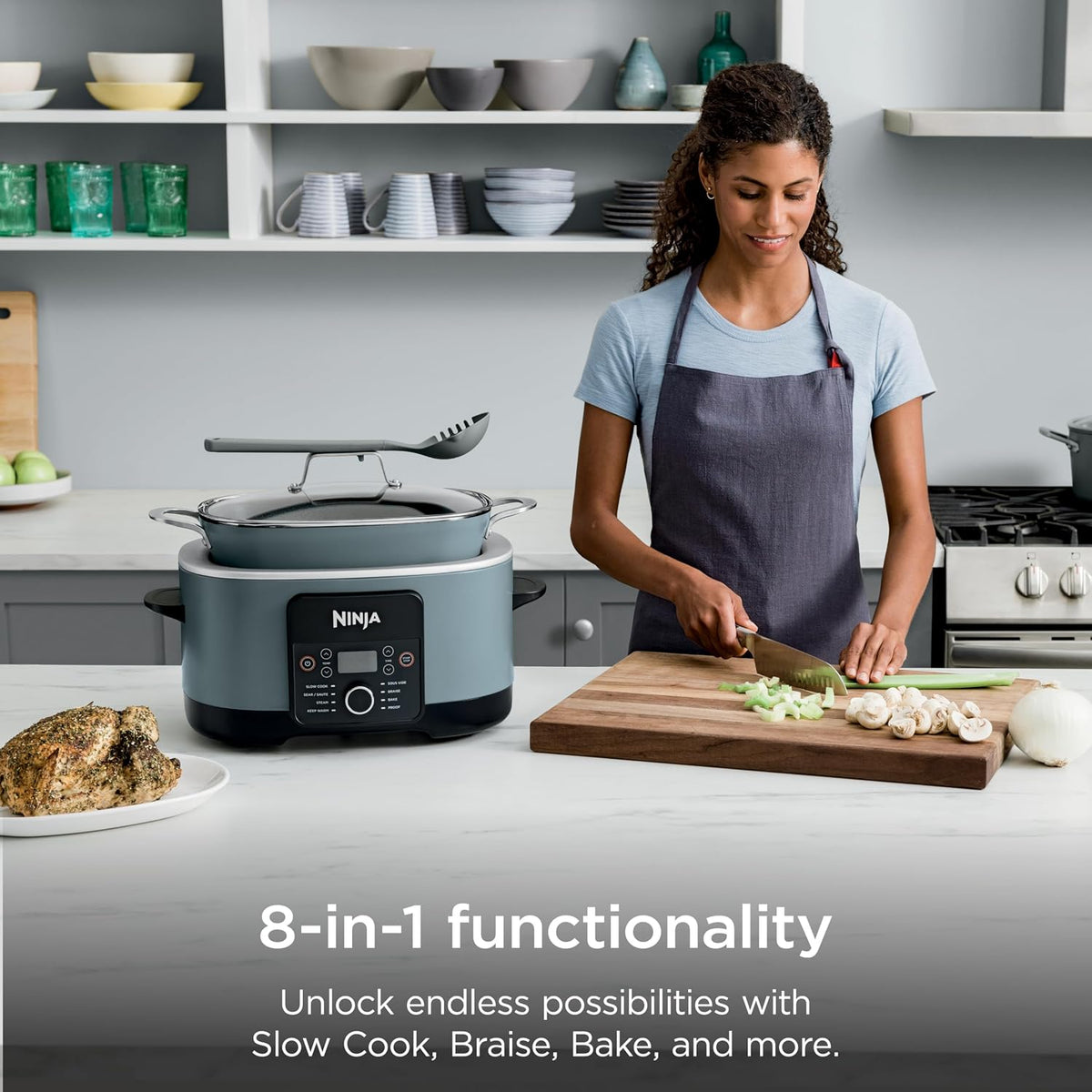 Ninja MC1001C Foodi PossibleCooker PRO 8.5 Quart Multi-Cooker, with 8-in-1 Slow Cooker,Dutch Oven,Steamer &More,Glass Lid & Integrated Spoon,Nonstick,Oven Safe Pot to 500°F,Sea Salt Gray,Sea Salt Grey
