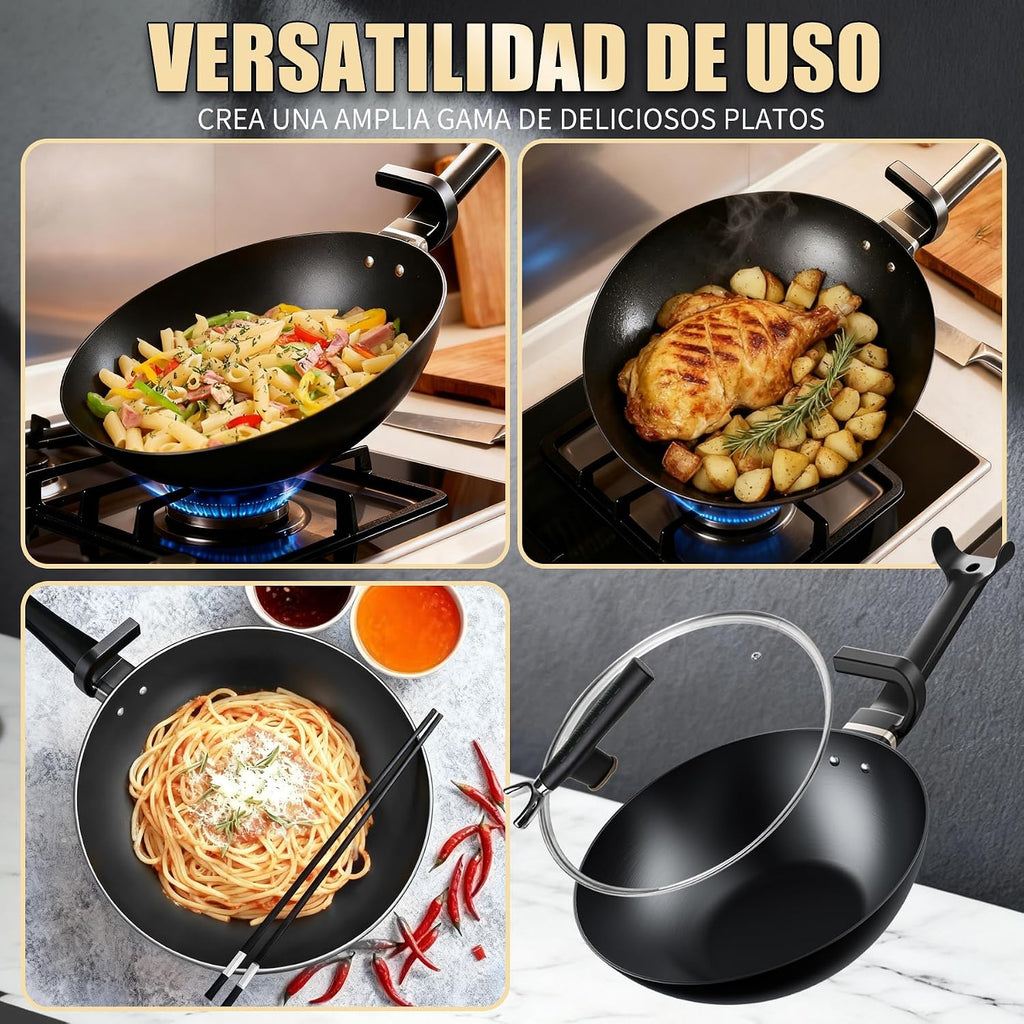 Carbon Steel Wok Pan, Non-stick sauté pan Nitriding Process,13 Inch Woks & Stir-fry Pans Nonstick with Ergonomic Handle, Cookware, Pots and Pans,Versatile Bottom Chinese Woks for All Stoves