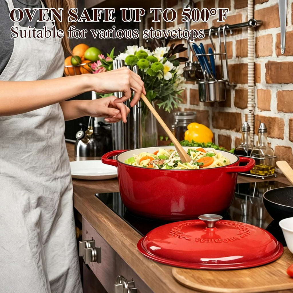 Enameled Cast Iron Dutch Oven - Wildone 6QT Pot with Lid & Cotton Potholders - Oven Safe Enamel Cookware for Bread Baking, Braising, Stews, Roasting, Red