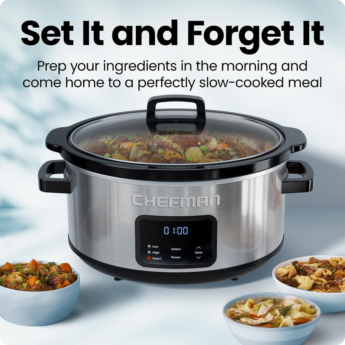 Chefman Slow Cooker 7 Quart, Large Family Size Programmable Digital Slow Cooker with 24-Hour Timer, Low, High & Warm Settings, Ceramic Crock, Tempered Glass Lid, Dishwasher-Safe, Stainless Steel