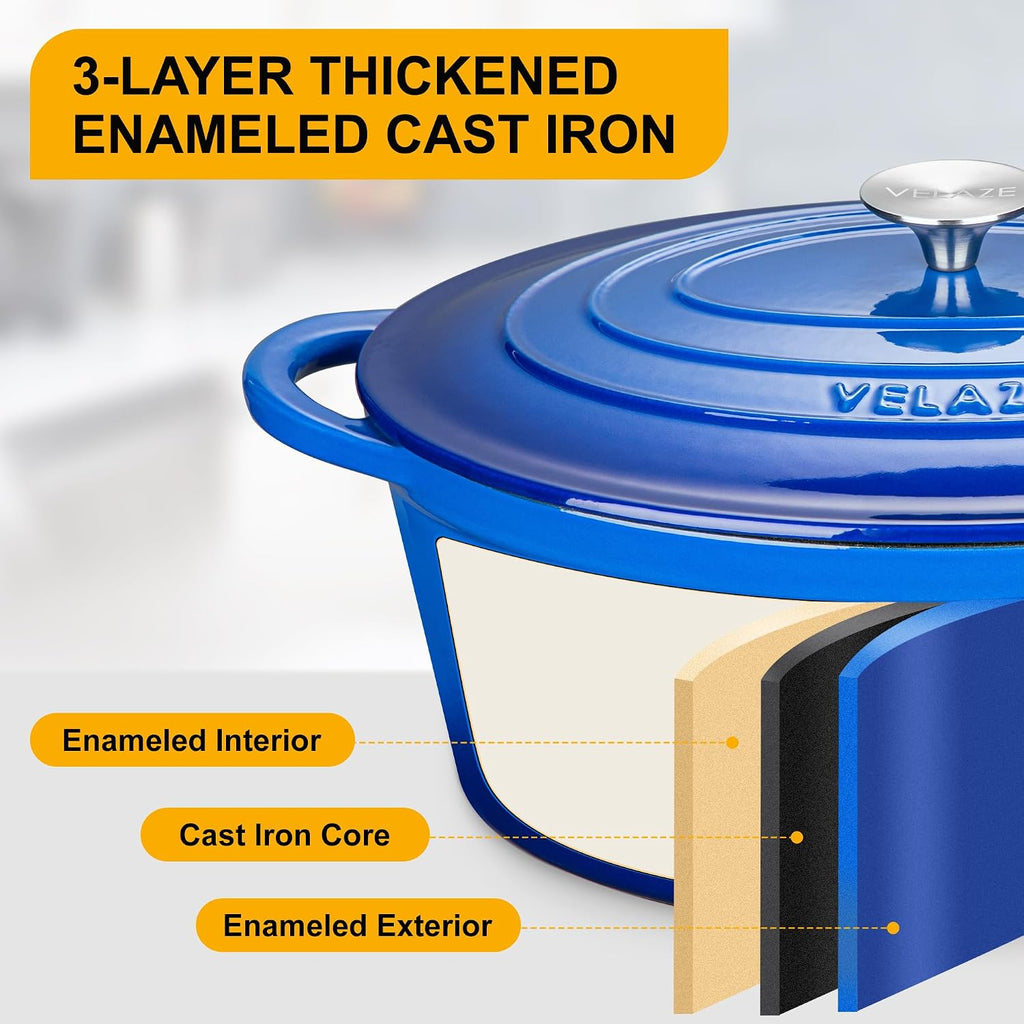 Velaze 7.5 QT Oval Enameled Cast Iron Dutch Oven Pot with Lid,Blue