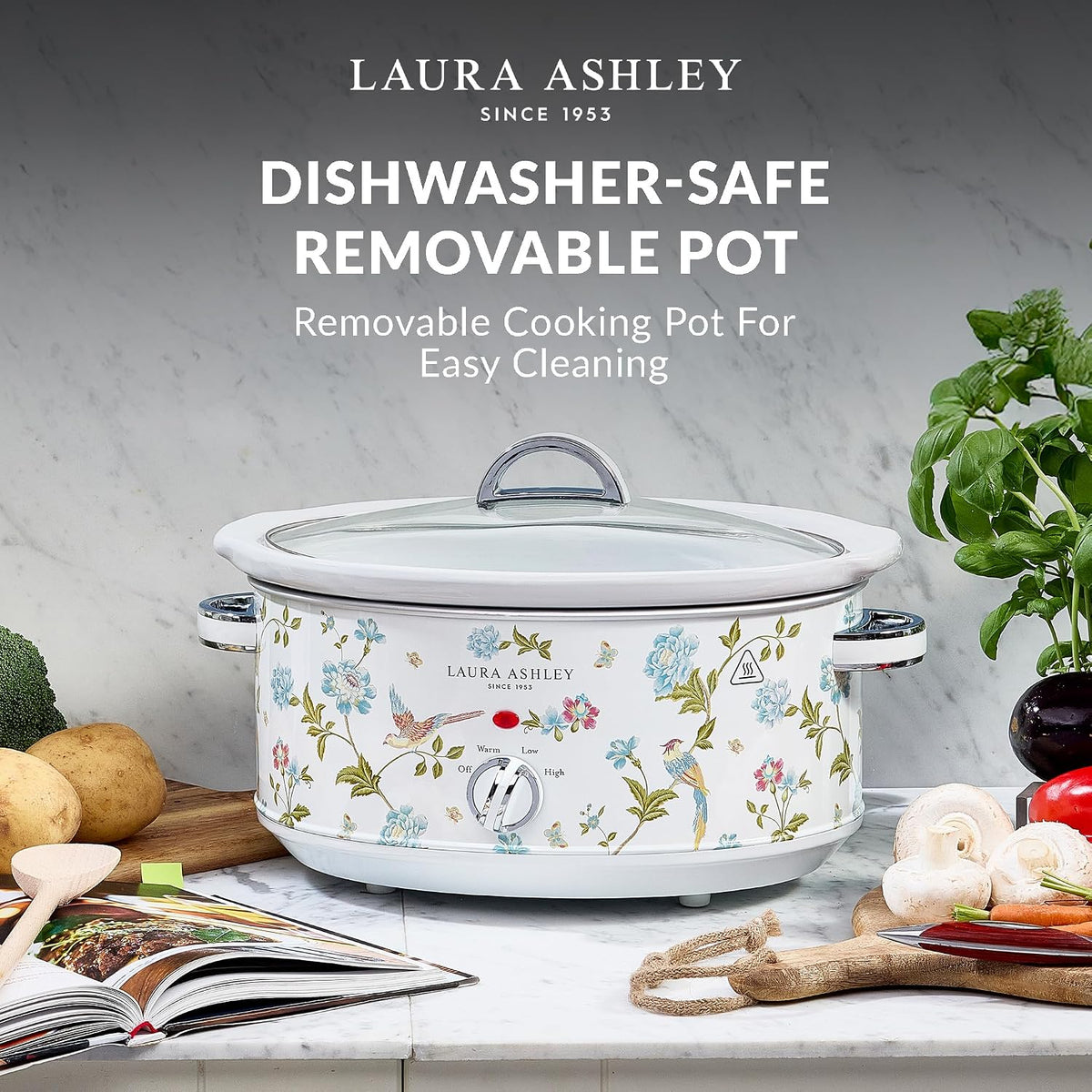 Laura Ashley Elveden White Small Slow Cookers 3.7 Quarts,Slow Cooker 3.7QT