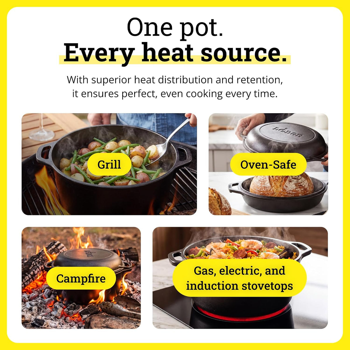 Lodge Cast Iron Double Dutch Oven, 2-in-1 Pot and Skillet Combo, 5 Quart