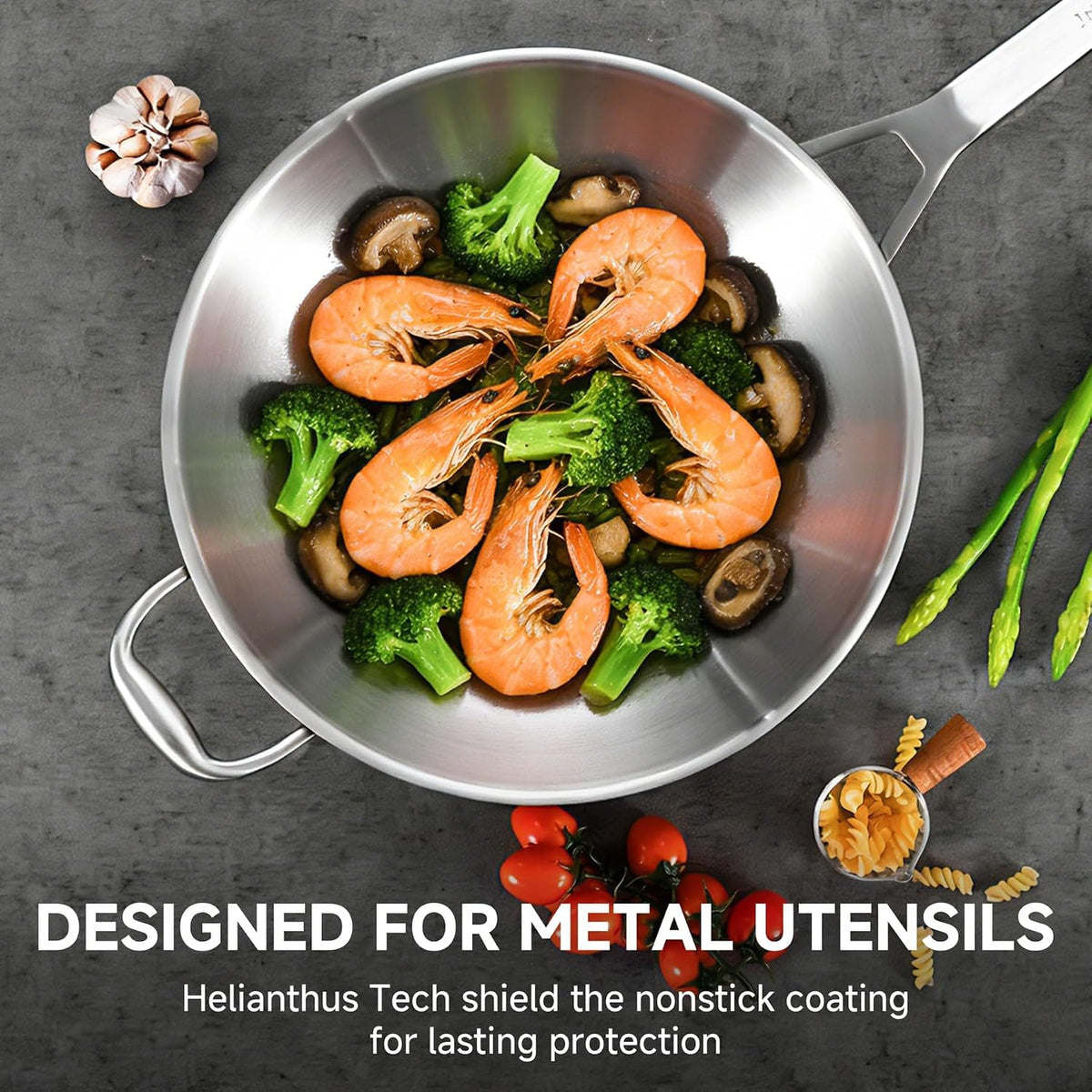 Inqibee 13 Inch Stainless Steel Wok with Lid, Detachable Handle