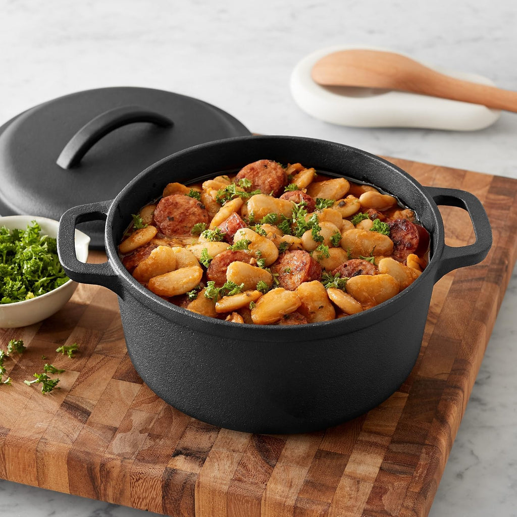 Amazon Basics Pre-Seasoned Cast Iron Mini Dutch Oven Pot with Lid and Dual Handles, Oven Safe, 2-Quart, Round, Black