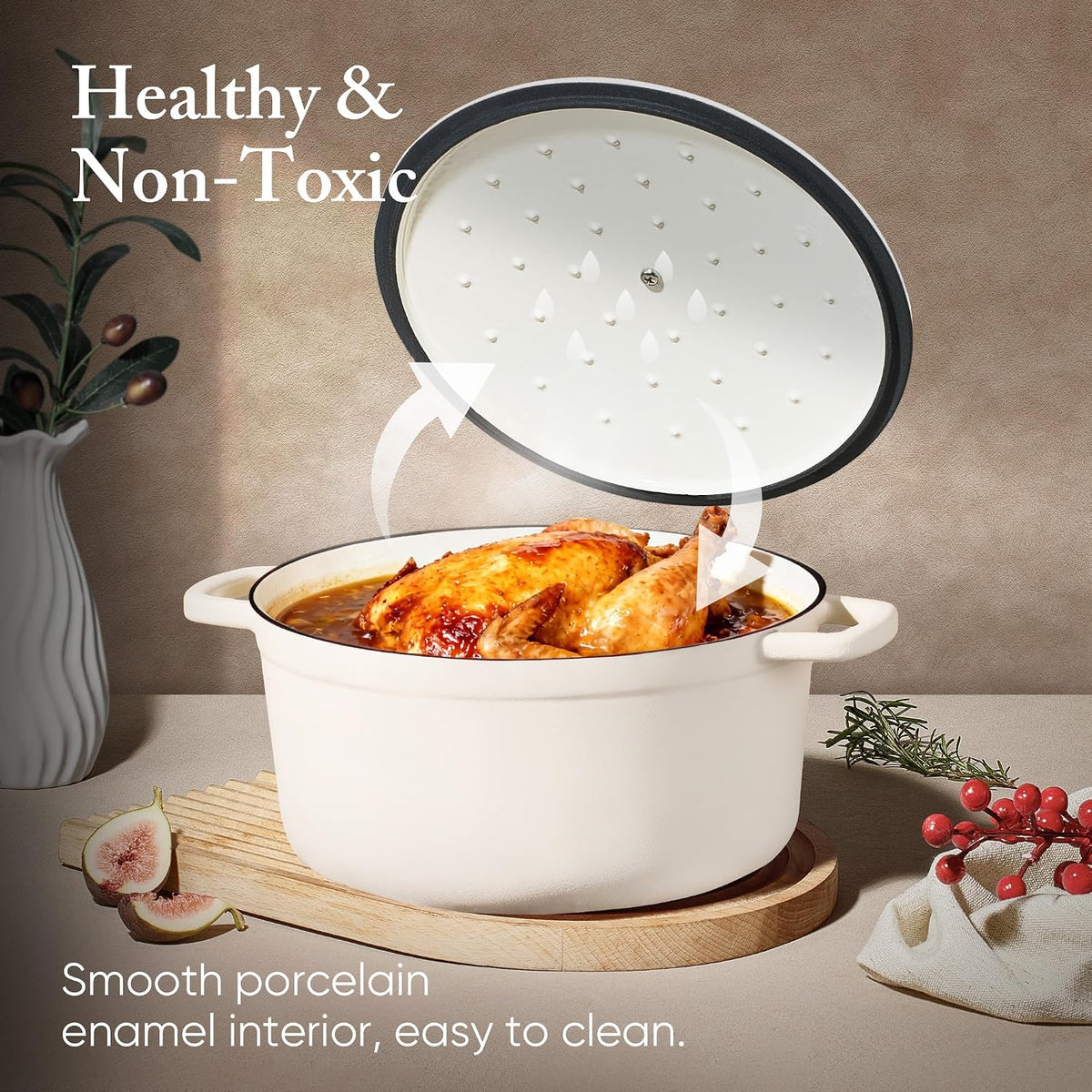 CAROTE Enameled Cast Iron Dutch Oven Pot with Lid, 4 QT Dutch Ovens, Heavy-Duty Cast Iron Pot for Sourdough Bread Baking, Braising, Stews, Roasting, Healthy & Non-Toxic, Dual Handles, All Stovetop Compatible, Oven Safe up to 500° F, Cream White