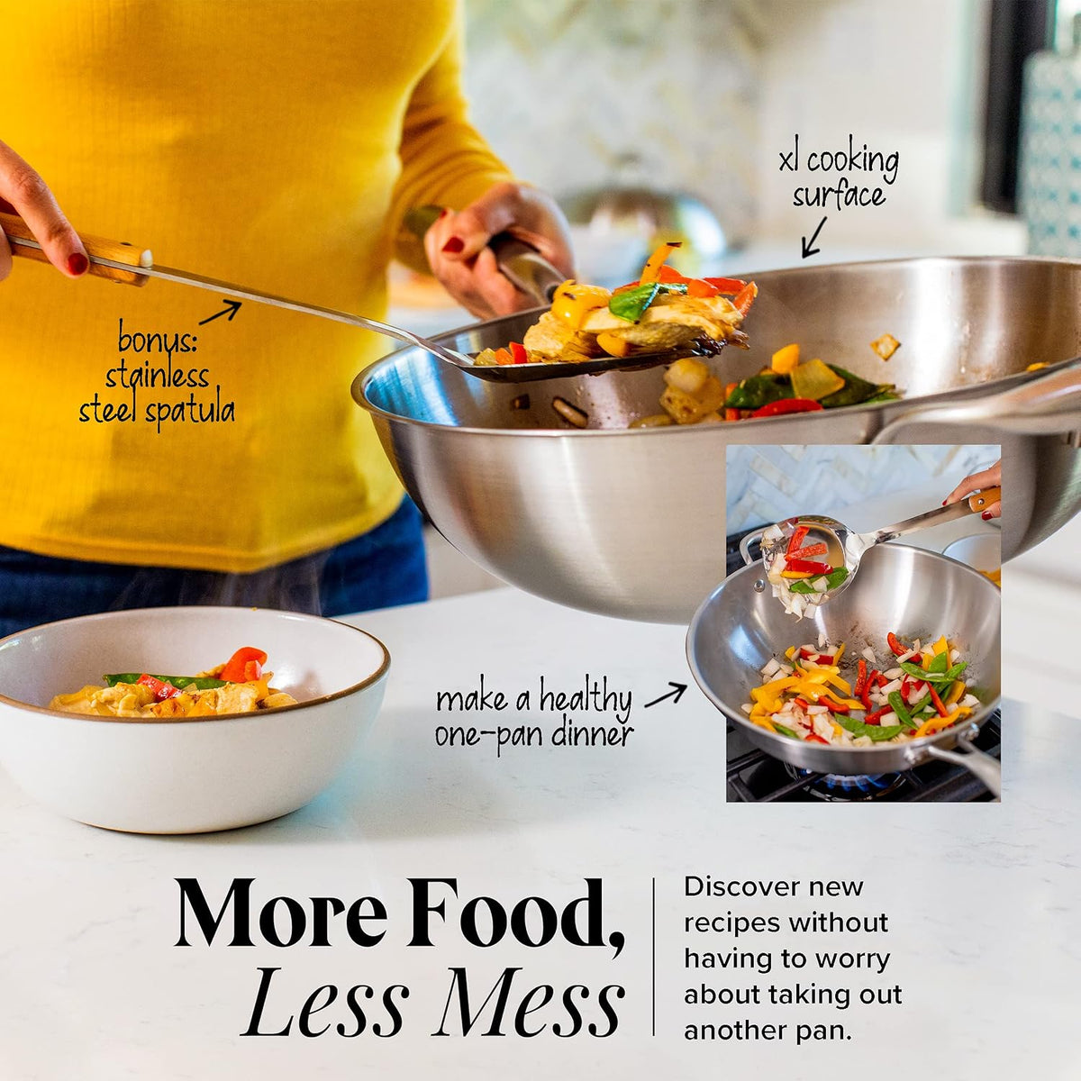 Willow & Everett Stainless Steel Flat Bottom Wok Pan, Professional Traditional Stir Fry Cookware w/Domed Lid & Spatula, Low Maintenance Rust & Scratch Resistant for Induction Gas Electric Stove Top