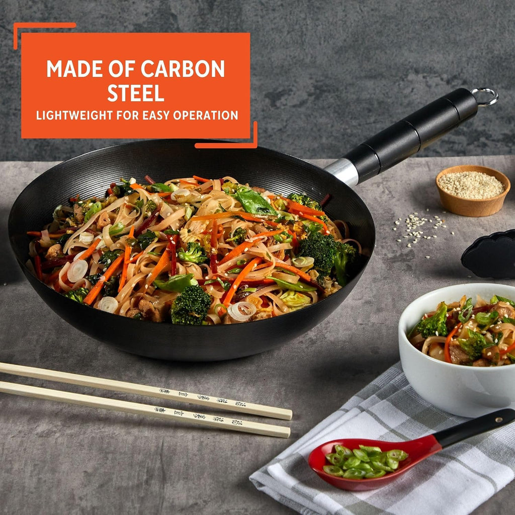 IMUSA 9.5 Inch Carbon Steel Nonstick Wok with Cool-touch Handle, Black