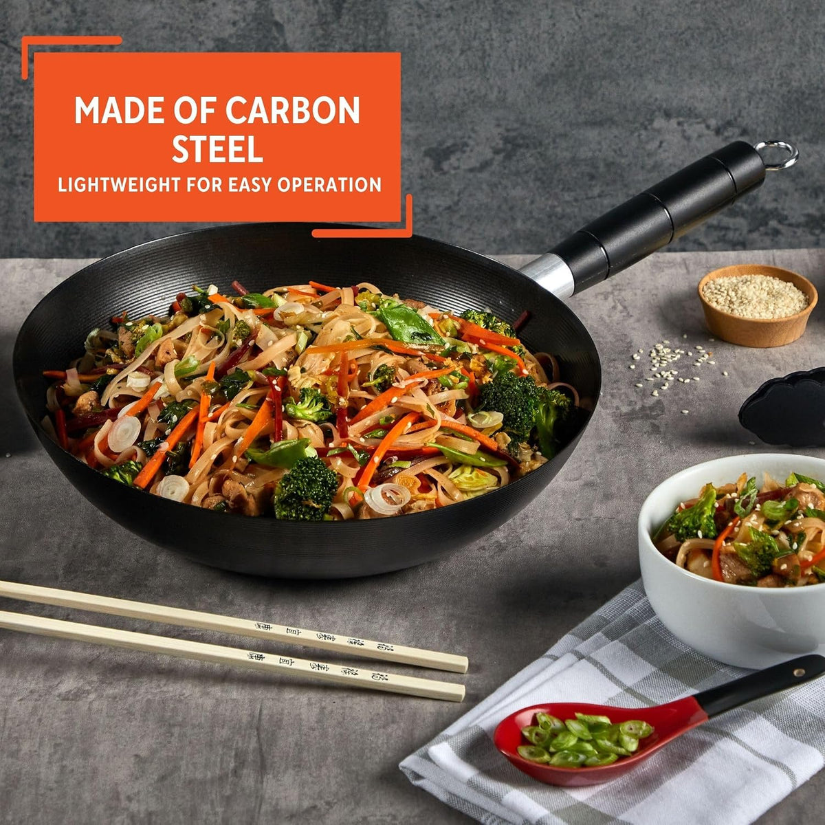 IMUSA 9.5 Inch Carbon Steel Nonstick Wok with Cool-touch Handle, Black