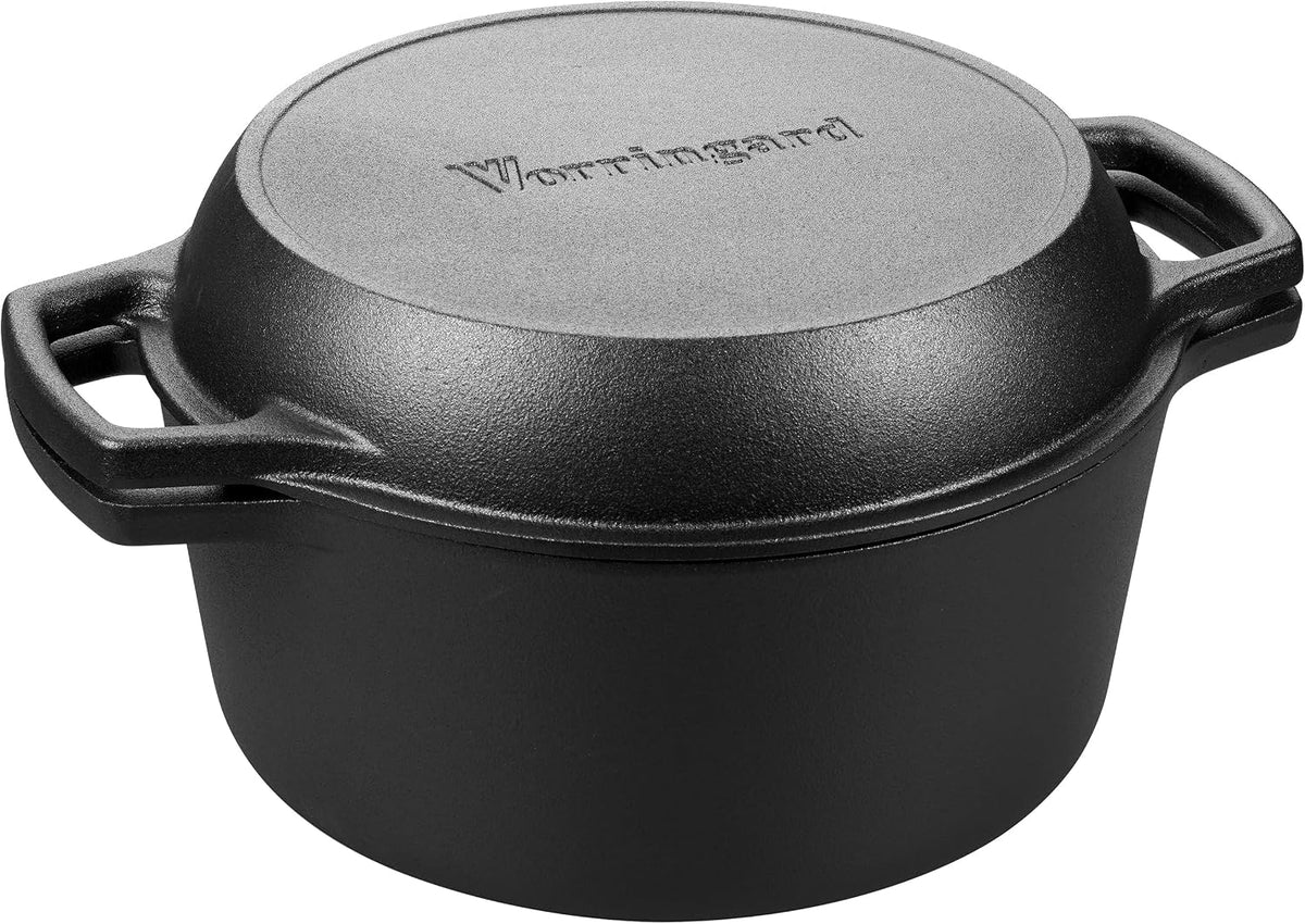 VORRINGARD Pre-seasoned Cast Iron Double Dutch Oven Pot with Skillet Lid, Dual-handle, for Bread Baking, Outdoor, Campfire Cooking, 5 Quart