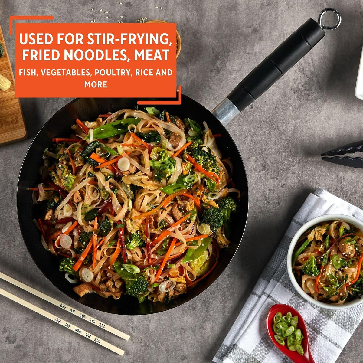 IMUSA 9.5 Inch Carbon Steel Nonstick Wok with Cool-touch Handle, Black