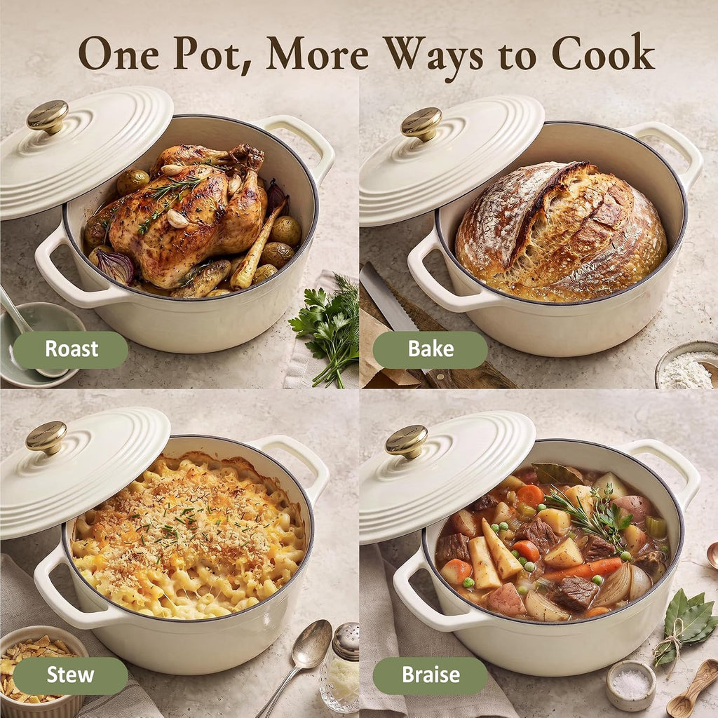 Overmont Enameled Cast Iron Dutch Oven - 5.5QT Pot with Lid Cookbook & Cotton Potholders - Heavy-Duty Cookware for Braising, Stews, Roasting, Sourdough Baking White