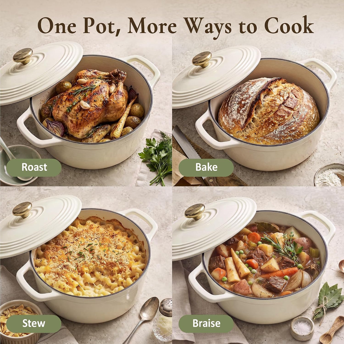 Overmont Enameled Cast Iron Dutch Oven - 5.5QT Pot with Lid Cookbook & Cotton Potholders - Heavy-Duty Cookware for Braising, Stews, Roasting, Sourdough Baking White