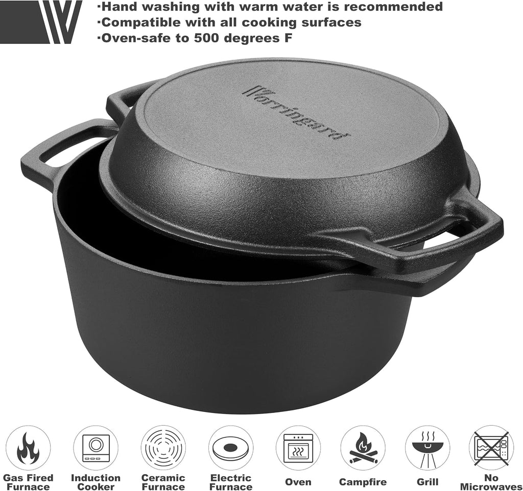 VORRINGARD Pre-seasoned Cast Iron Double Dutch Oven Pot with Skillet Lid, Dual-handle, for Bread Baking, Outdoor, Campfire Cooking, 5 Quart