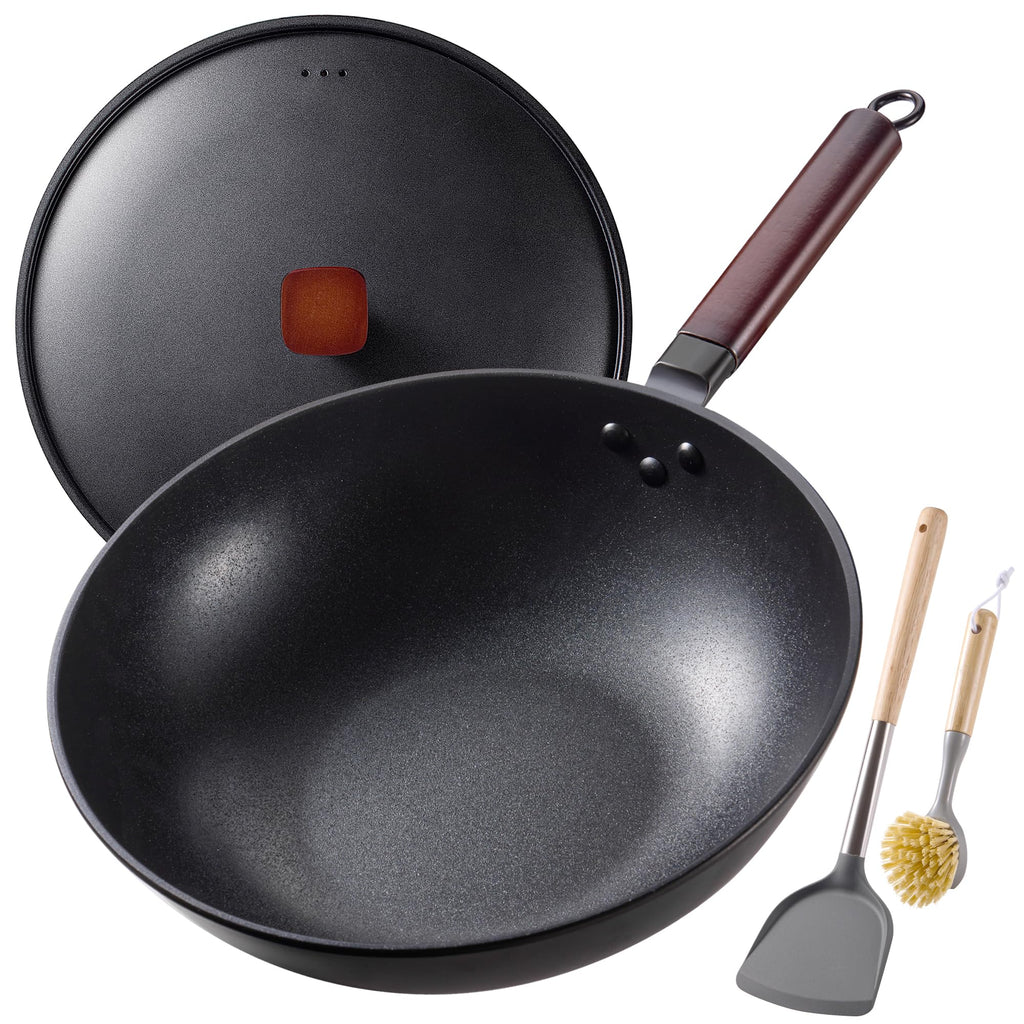 Teewe Carbon Steel Wok, 13" Woks & Stir-fry Pans Nonstick with Glass Lid
