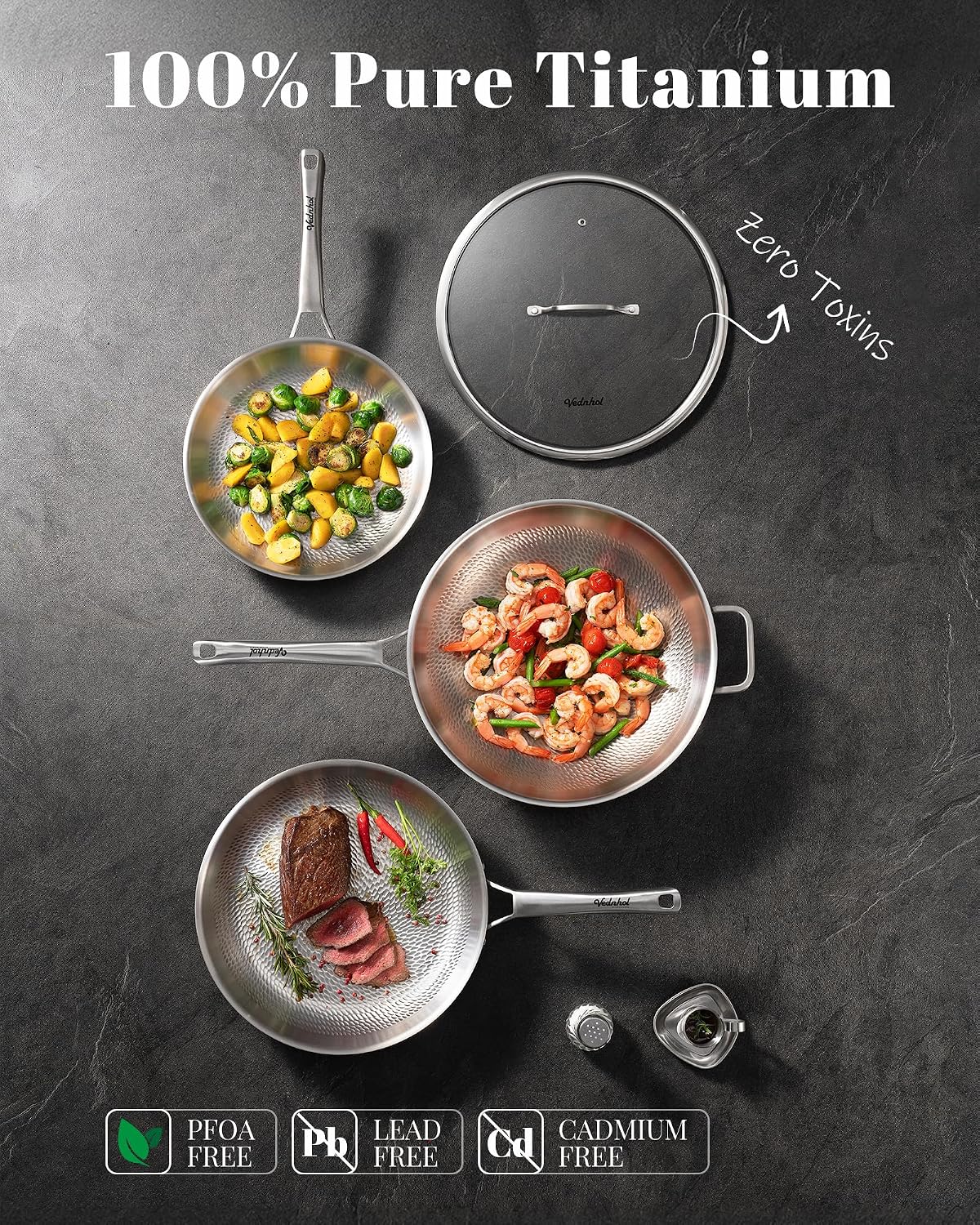 Titanium Wok pans for cooking,13in Pure Titanium Hammered Pro pans, Non Stick Skillet for Cooking, Non-Toxic, PFAS/PFOA/PTFE Free Cookware, Dishwasher&Oven Safe, Kitchen Induction Compatible