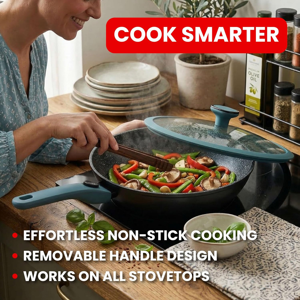 Ravon Nonstick Wok Pan with Glass Lid and Detachable Handle, 12.4in