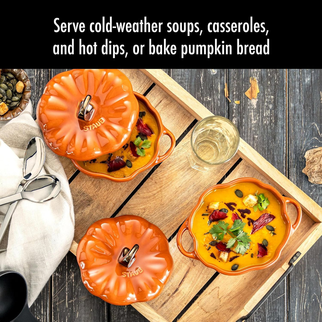 STAUB Ceramic 0.75-qt Petite Pumpkin, Oven & Stove Safe up to 572°F, Pumpkin Dish, Baking Candy Burnt Orange