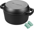 VORRINGARD Pre-seasoned Cast Iron Double Dutch Oven Pot with Skillet Lid, Dual-handle, for Bread Baking, Outdoor, Campfire Cooking, 5 Quart